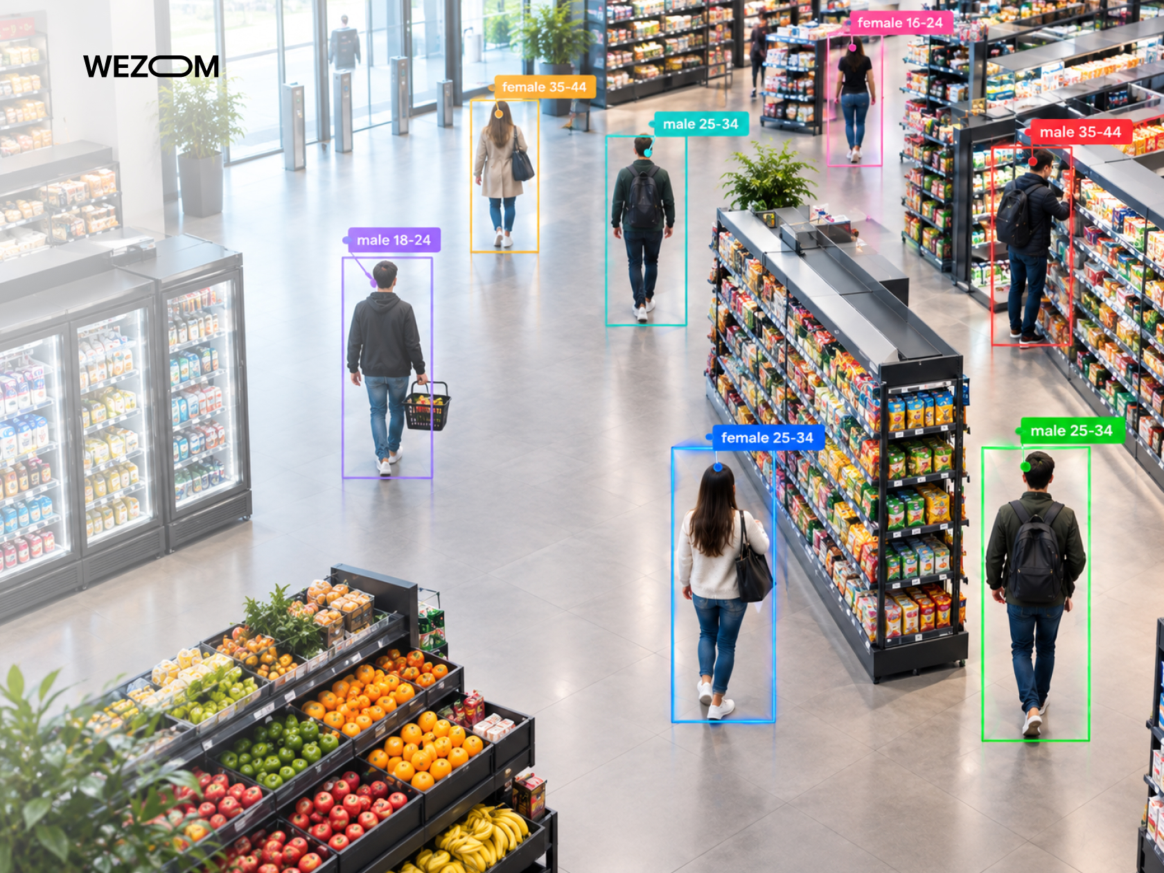 Computer vision in retail tracking shoppers with demographic analysis and customer movement detection in a supermarket.